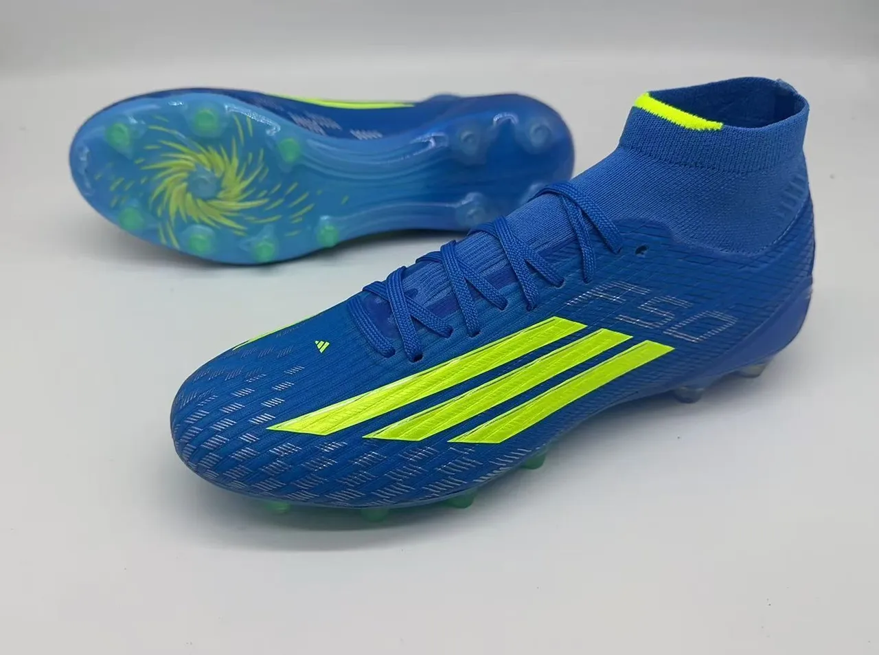 Adidas Blue Yellow High-Cut Knit Collar Asymmetrical Lacing Firm-Ground Soccer Shoes 9