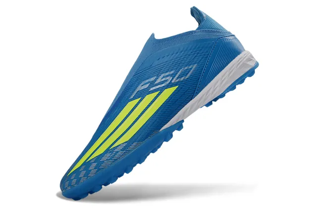 Adidas Azul Amarelo Colar de ajuste tipo meia Material sintético texturizado Grama artificial Sapatos de futebol 3