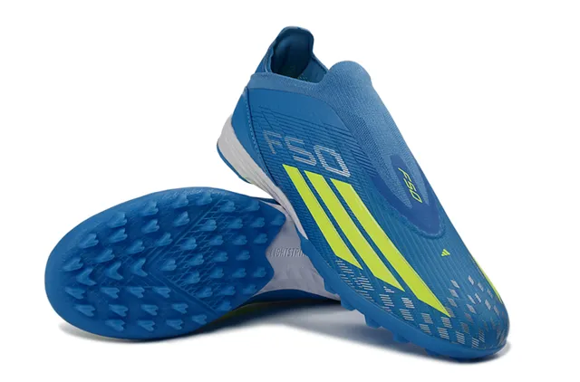 Adidas Azul Amarelo Colar de ajuste tipo meia Material sintético texturizado Grama artificial Sapatos de futebol 4