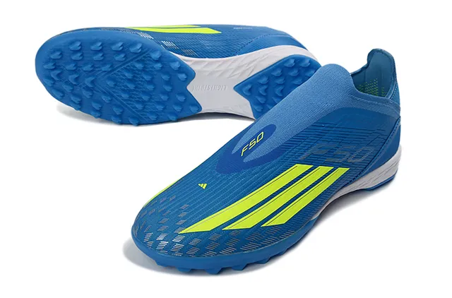 Adidas Azul Amarelo Colar de ajuste tipo meia Material sintético texturizado Grama artificial Sapatos de futebol 5