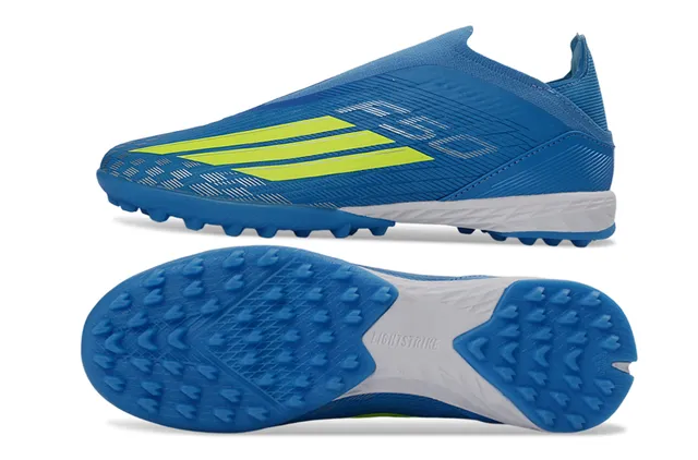 Adidas Azul Amarelo Colar de ajuste tipo meia Material sintético texturizado Grama artificial Sapatos de futebol 7