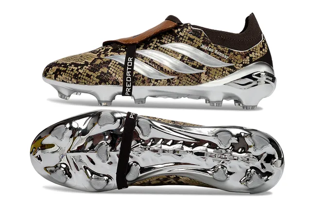 Adidas Chaussures de football à upper à impression de serpent marron et or, plaque de semelle chromée pour terrain ferme 6