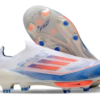 Adidas F50 White Blue Low-Cut Sock-Fit Upper Translucent Soleplate Firm-Ground Soccer Shoes