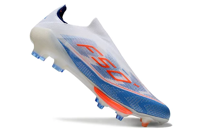 Adidas F50 White Blue Low-Cut Sock-Fit Upper Translucent Soleplate Firm-Ground Soccer Shoes 2