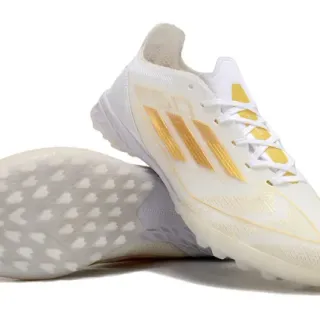 Adidas F50 White Gold حذاء كرة القدم Turf خفيف الوزن أعلى صناعي مع تفاصيل الشرائط