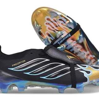 Adidas Predator Black Gold Laceless Strap Closure Flame-Accented Three Stripes Firm-Ground Soccer Shoes