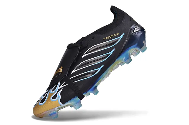 Adidas Predator Black Gold Laceless Strap Closure Flame-Accented Three Stripes Firm-Ground Soccer Shoes 3