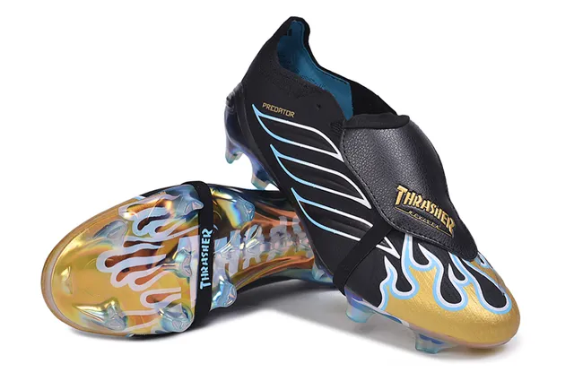 Adidas Predator Black Gold Laceless Strap Closure Flame-Accented Three Stripes Firm-Ground Soccer Shoes 4