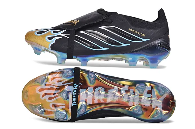 Adidas Predator Black Gold Laceless Strap Closure Flame-Accented Three Stripes Firm-Ground Soccer Shoes 6