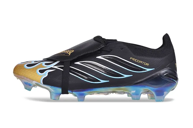 Adidas Predator Black Gold Laceless Strap Closure Flame-Accented Three Stripes Firm-Ground Soccer Shoes 7