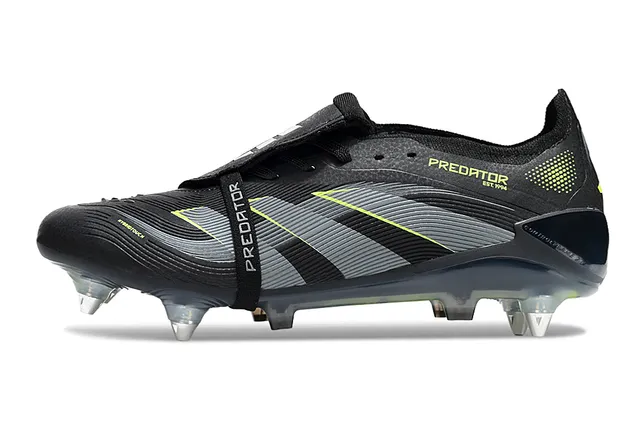 Adidas Predator Black Green Laceless Strap Closure Textured Gray Midfoot Band Firm-Ground Soccer Shoes 7