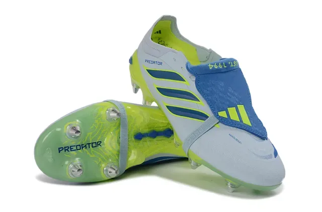 Adidas Predator Cinza Verde Assimétrica Capa de Cadarço Studs Moldados Campo Firme Sapatos de Futebol 4