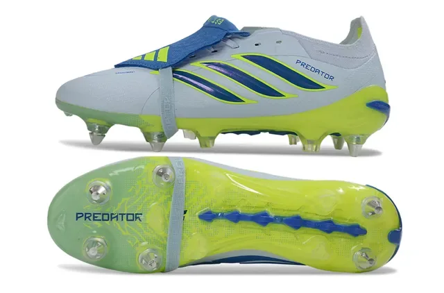 Adidas Predator Cinza Verde Assimétrica Capa de Cadarço Studs Moldados Campo Firme Sapatos de Futebol 6