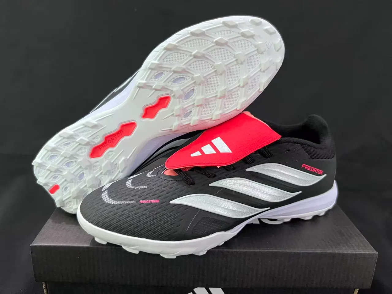 Adidas Predator Laceless Slip-On Black Silver Red Artificial-Grass Soccer Shoes 8