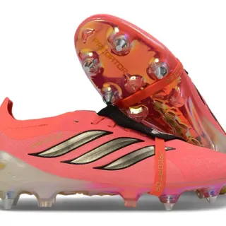 Adidas Predator Pink Silver Laceless Strap Closure Metallic Three-Stripe Branding Firm-Ground Soccer Shoes