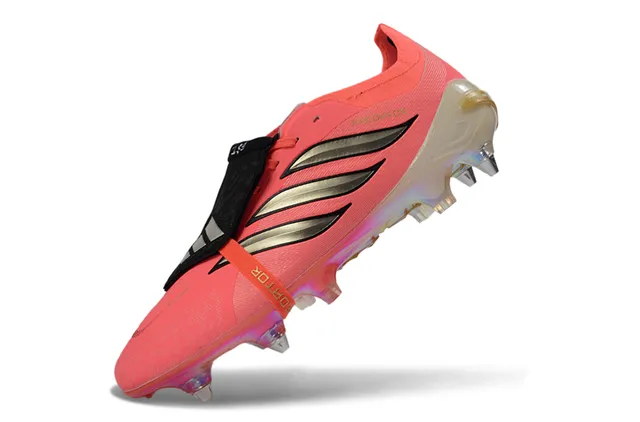Adidas Predator Pink Silver Laceless Strap Closure Metallic Three-Stripe Branding Firm-Ground Soccer Shoes 3