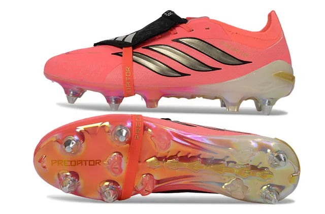 Adidas Predator Pink Silver Laceless Strap Closure Metallic Three-Stripe Branding Firm-Ground Soccer Shoes 6