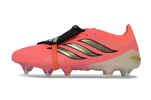 Adidas Predator Pink Silver Laceless Strap Closure Metallic Three-Stripe Branding Firm-Ground Soccer Shoes 7