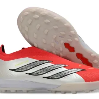 Adidas Predator Red White Laceless Sock-Fit Upper Textured Silver Three-Stripe Overlay Turf Soccer Shoes
