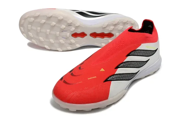 Adidas Predator Chaussures de football Turf Rouge Blanc Sans Lacets Ajustement Chaussette Haut Texturé Argent Trois Rayures Superposition 14