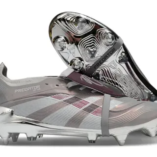 Adidas Predator Silver Burgundy Metallic Chrome Upper Laceless Strap Closure Firm-Ground Soccer Shoes