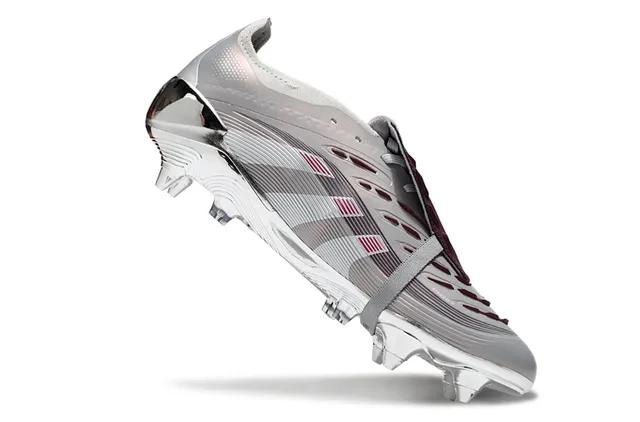 Adidas Predator Silver Burgundy Metallic Chrome Upper Laceless Strap Closure Firm-Ground Soccer Shoes 2