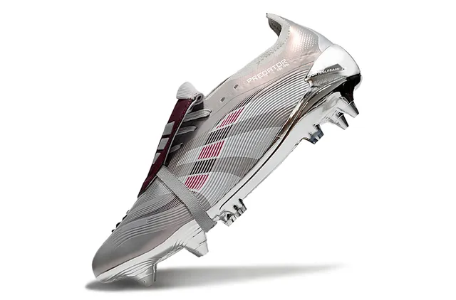 Adidas Predator Silver Burgundy Metallic Chrome Upper Laceless Strap Closure Firm-Ground Soccer Shoes 3