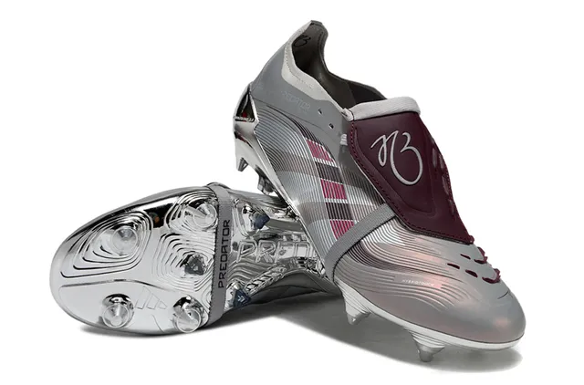 Adidas Predator Silver Burgundy Metallic Chrome Upper Laceless Strap Closure Firm-Ground Soccer Shoes 4