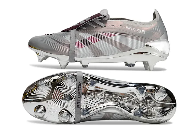 Adidas Predator Silver Burgundy Metallic Chrome Upper Laceless Strap Closure Firm-Ground Soccer Shoes 6