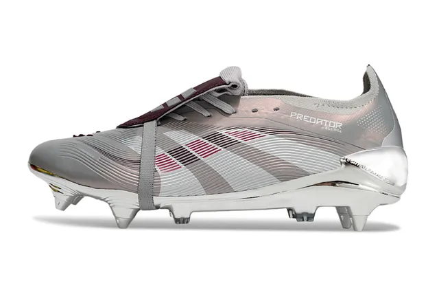 Adidas Predator Silver Burgundy Metallic Chrome Upper Laceless Strap Closure Firm-Ground Soccer Shoes 7