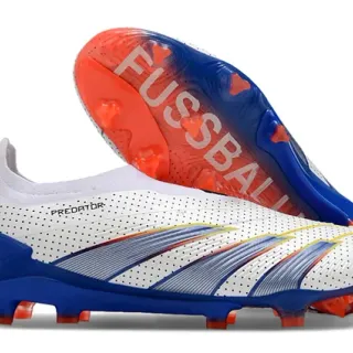 Adidas Predator White Blue Perforated Upper Striped Overlays Firm-Ground Soccer Shoes