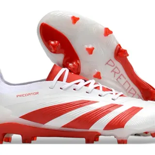 Adidas Predator White Red Asymmetrical Lacing Textured Forefoot Firm-Ground Soccer Shoes