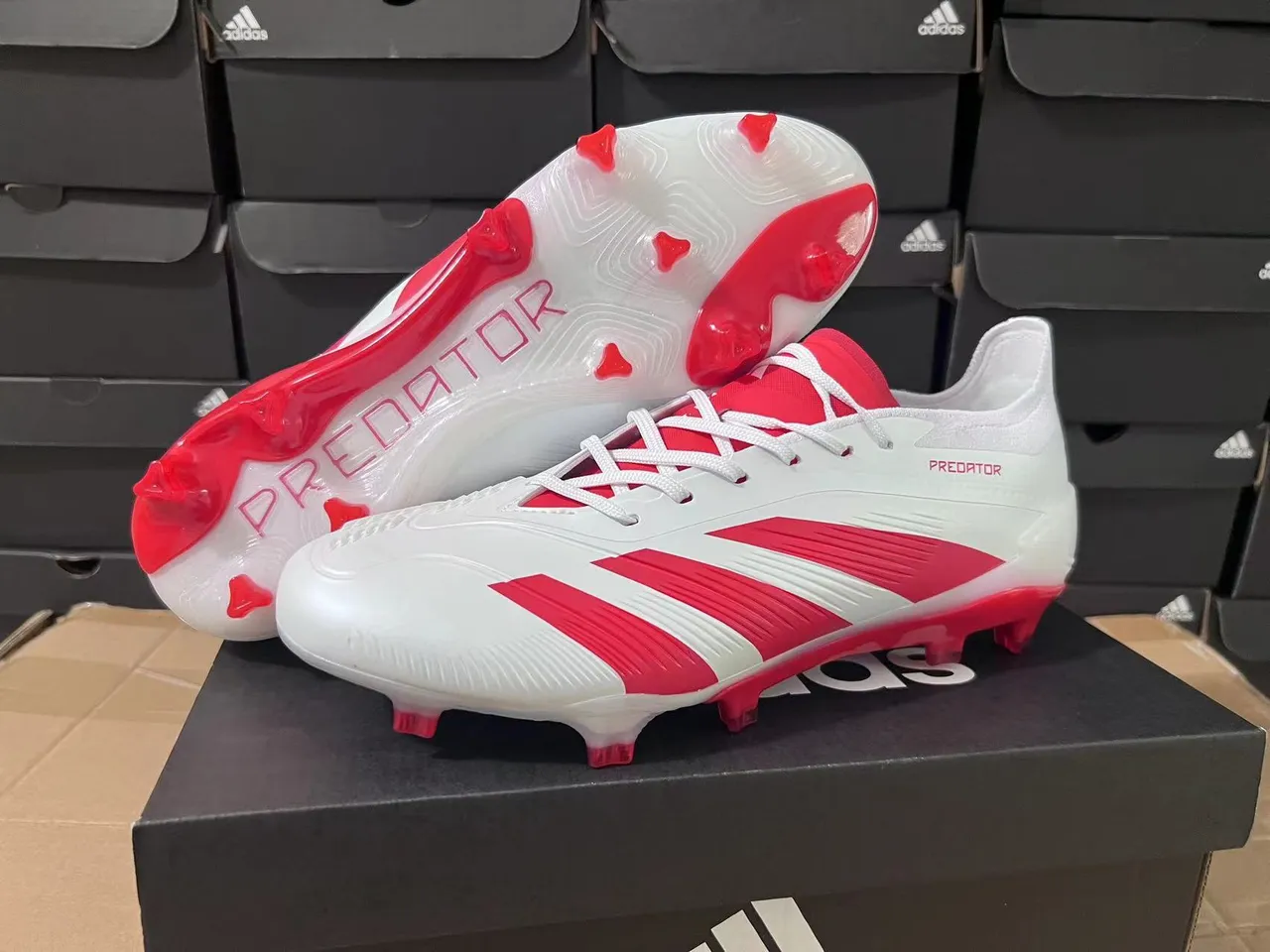 Adidas Predator White Red Asymmetrical Lacing Textured Forefoot Firm-Ground Soccer Shoes 9