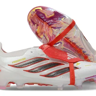 Adidas Predator White Red Laceless Strap Closure Iridescent Heel Counter Firm-Ground Soccer Shoes