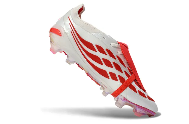 Adidas Predator White Red Laceless Strap Closure Iridescent Heel Counter Firm-Ground Soccer Shoes 2