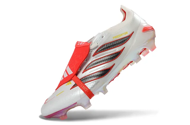 Adidas Predator White Red Laceless Strap Closure Iridescent Heel Counter Firm-Ground Soccer Shoes 3