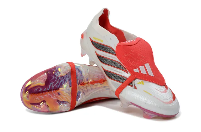 Adidas Predator White Red Laceless Strap Closure Iridescent Heel Counter Firm-Ground Soccer Shoes 4