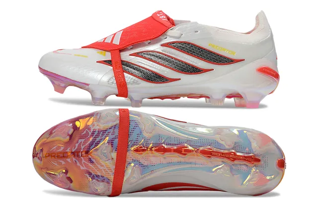 Adidas Predator White Red Laceless Strap Closure Iridescent Heel Counter Firm-Ground Soccer Shoes 6