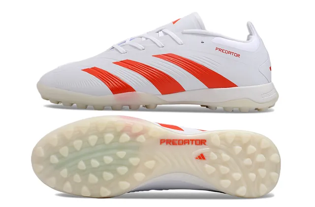 Adidas Predator blanco y rojo de bajo corte superior sintético Three Stripes zapatos de fútbol para césped 6