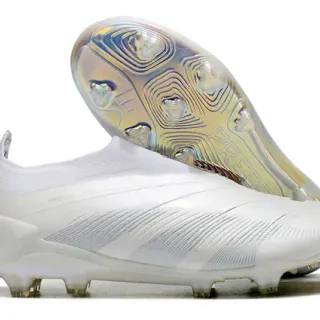 Adidas Predator White Silver Low-Cut Sock-Fit Collar Iridescent Holographic Outsole Firm-Ground Soccer Shoes