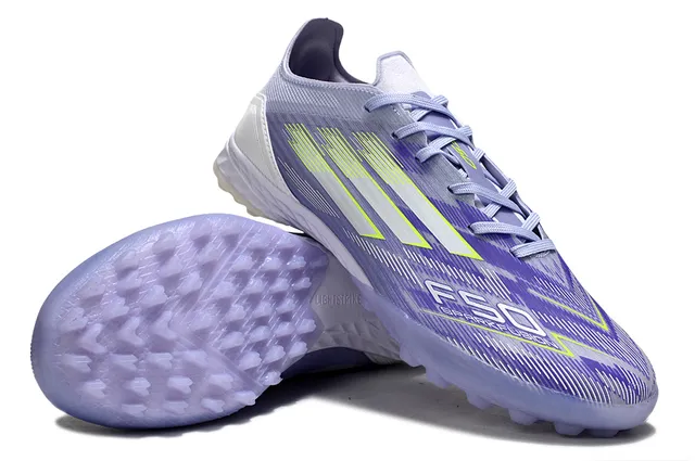 Adidas أحذية كرة القدم بنفسجي أبيض منخفضة القطعة محبوكة العلوي مسامير مخروطية للعشب الاصطناعي 4