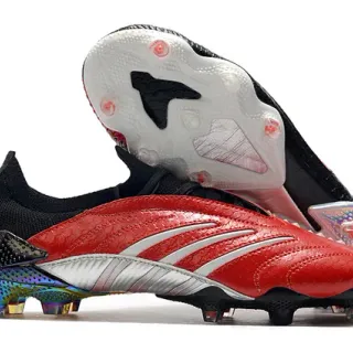 Adidas Rojo Negro Bajo Corte Ajuste de Calcetín Parte Superior Cuero Sintético Texturizado Superficie Firme Zapatos de Fútbol