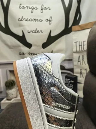 Adidas Silver White Metallic Snakeskin-Textured Upper Leather Overlays Lifestyle Sneakers 3