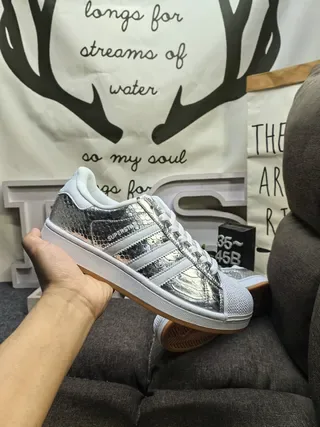 Adidas Silver White Metallic Snakeskin-Textured Upper Leather Overlays Lifestyle Sneakers 5