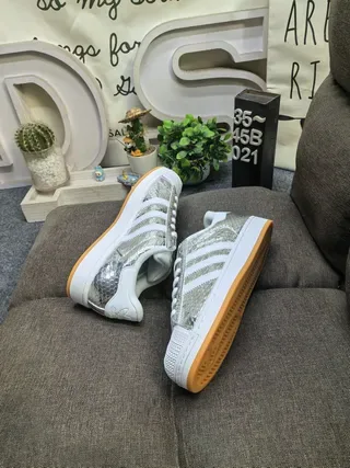 Adidas Silver White Metallic Snakeskin-Textured Upper Leather Overlays Lifestyle Sneakers 6