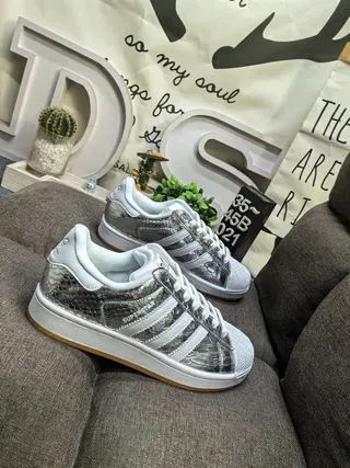 Adidas Silver White Metallic Snakeskin-Textured Upper Leather Overlays Lifestyle Sneakers 9