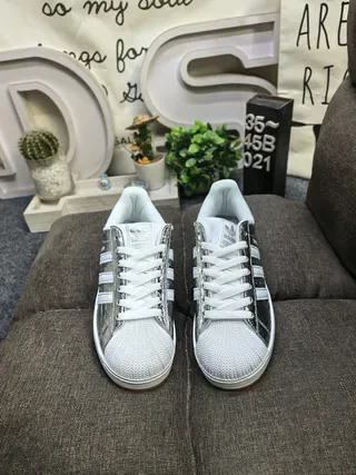 Adidas Silver White Metallic Snakeskin-Textured Upper Leather Overlays Lifestyle Sneakers 10