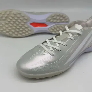 Adidas Silver White Metallic Synthetic Upper Three-Stripe Side Branding Artificial-Grass Soccer Shoes