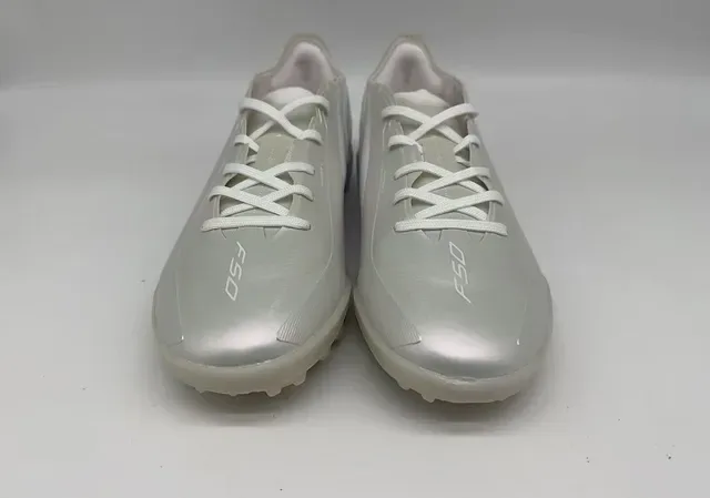 Adidas Silver White Metallic Synthetic Upper Three-Stripe Side Branding Artificial-Grass Soccer Shoes 2