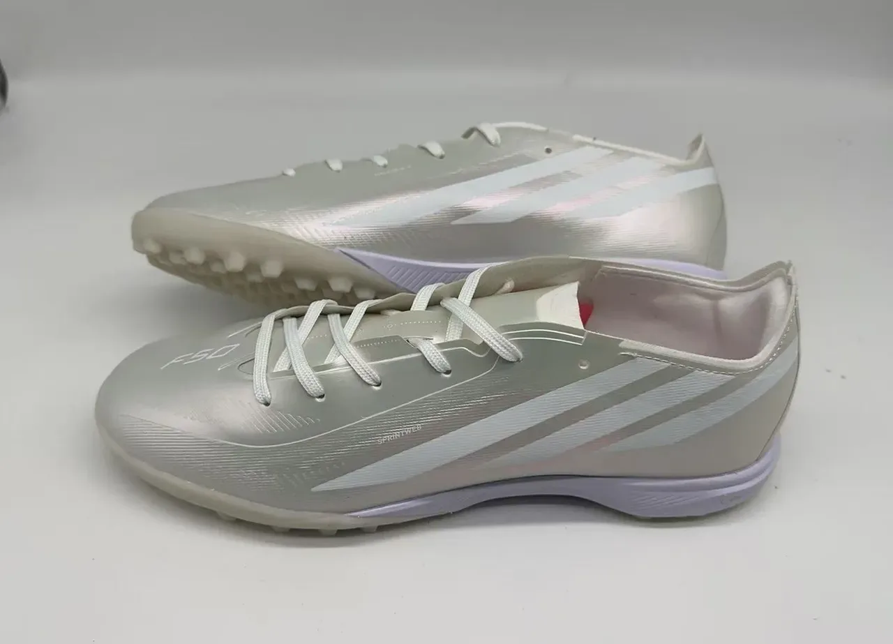 Adidas Silver White Metallic Synthetic Upper Three-Stripe Side Branding Artificial-Grass Soccer Shoes 4